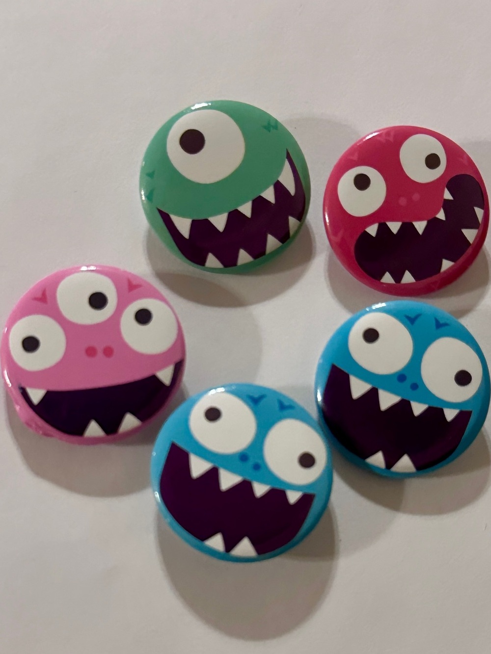 Set of 5 Colorful Monster Buttons - Pink, Green, Red, Blue - Prizes Favors Gifts